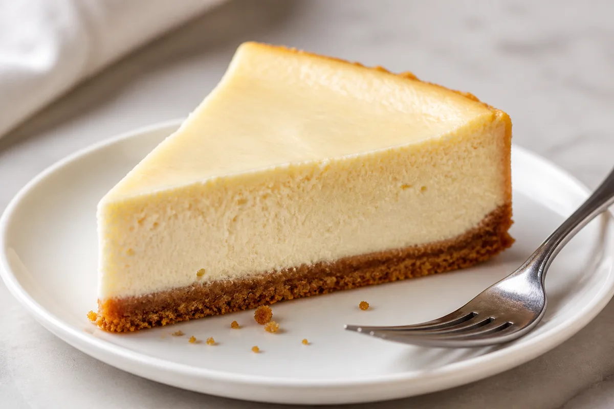 Part de cheesecake new-yorkais à la texture dense et crémeuse posée sur une assiette blanche