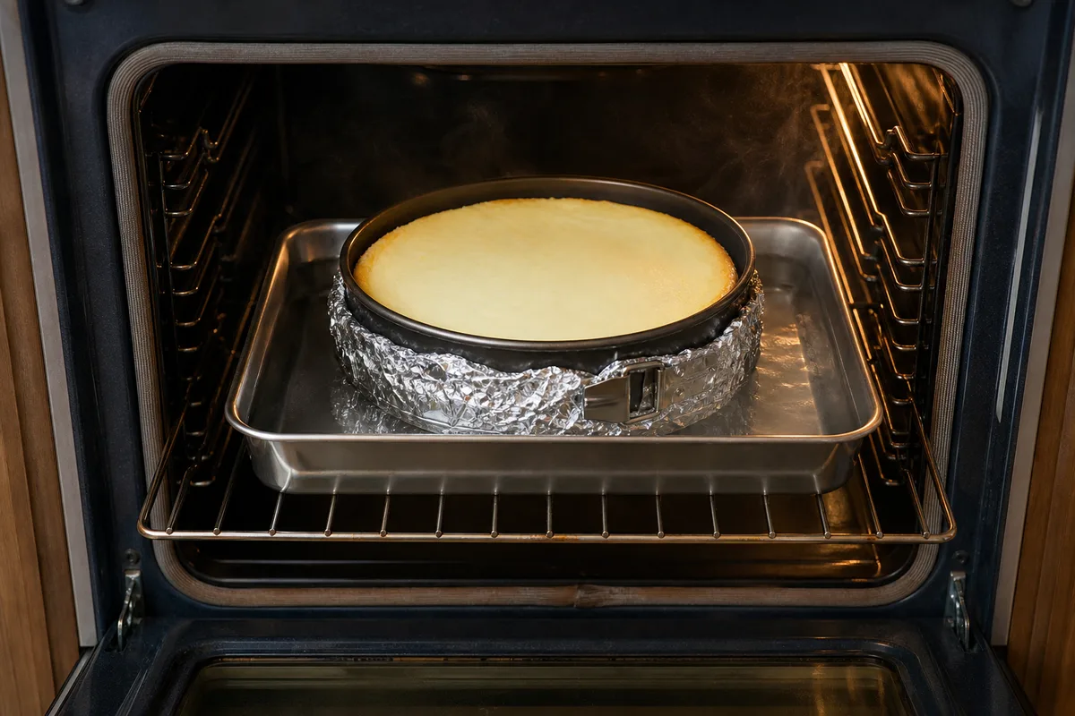 Moule à cheesecake emballé d’aluminium cuisant au bain-marie dans un four