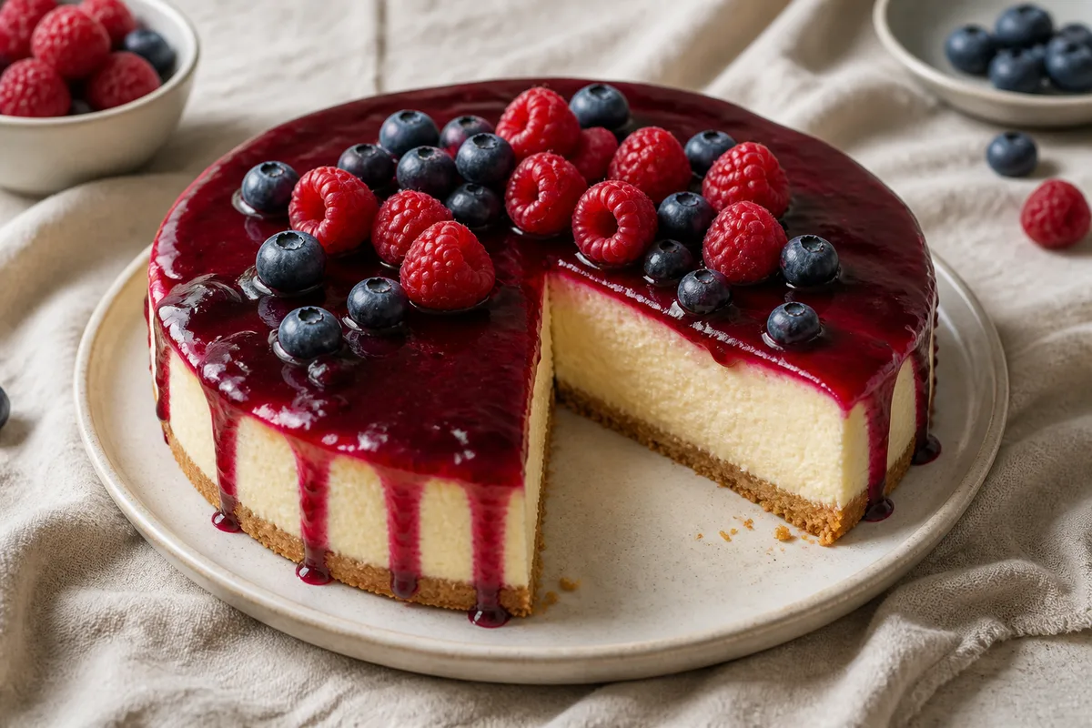 Cheesecake new-yorkais entier nappé d’un coulis de fruits rouges, une part prélevée