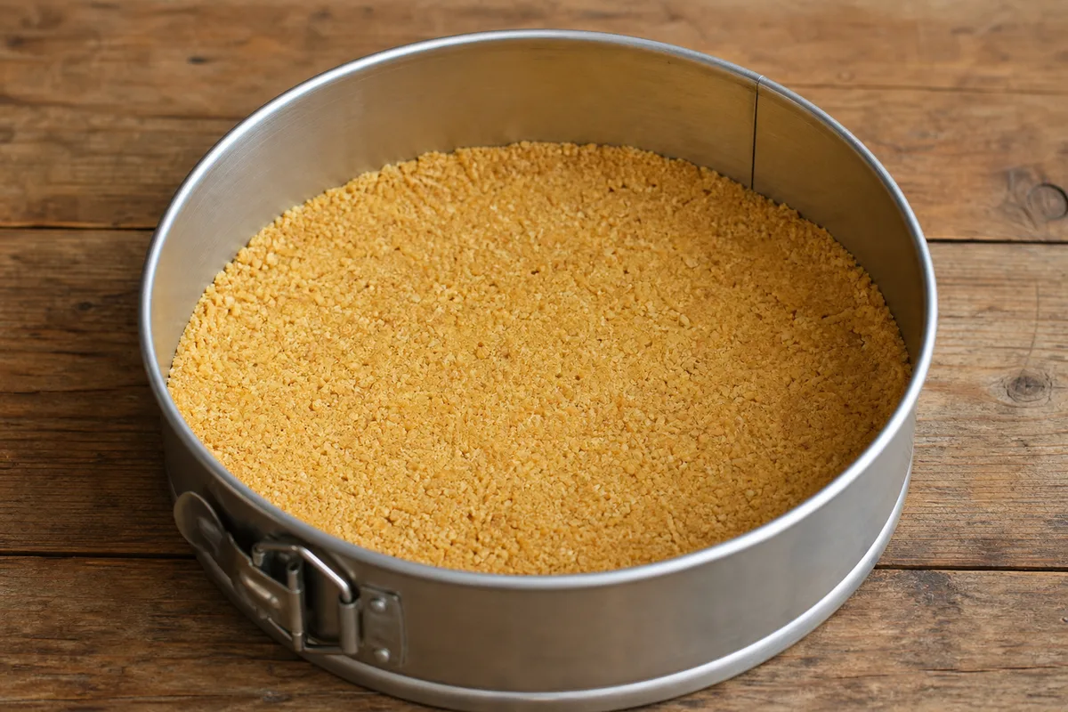 Base biscuitée pressée au fond d&rsquo;un moule à charnière pour un cheesecake sans cuisson