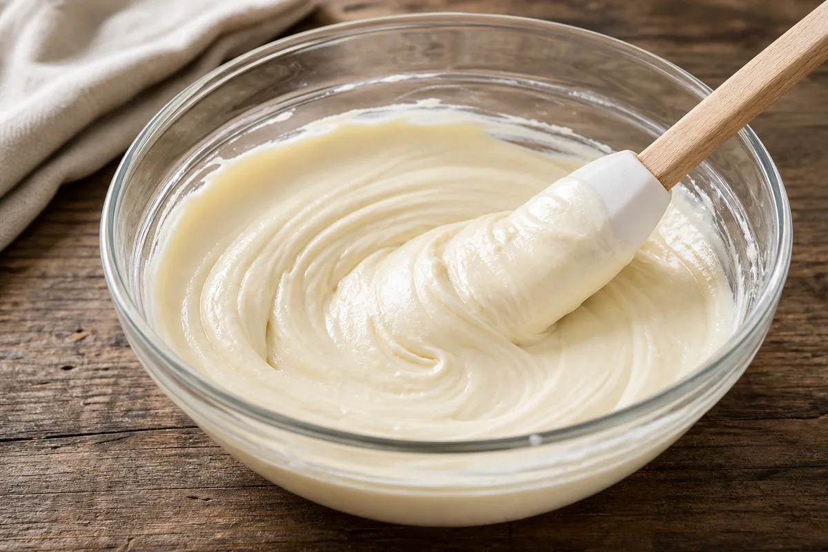 Appareil crémeux de cheesecake sans cuisson mélangé à la spatule dans un saladier