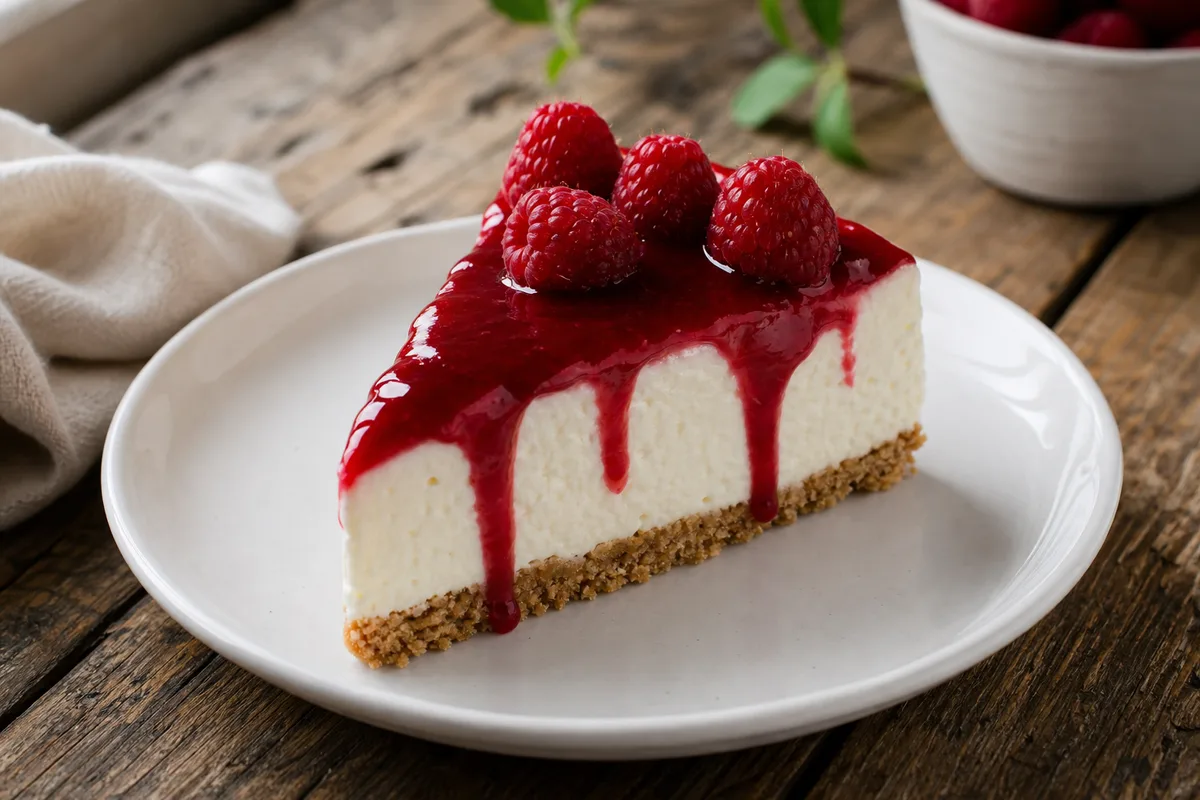 Part de cheesecake sans cuisson nappée d&rsquo;un coulis de fruits rouges sur une assiette