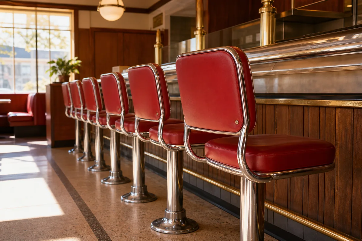 Rangée de chaises de diner alignées le long d’un comptoir, dossiers rembourrés rouges et pieds chromés