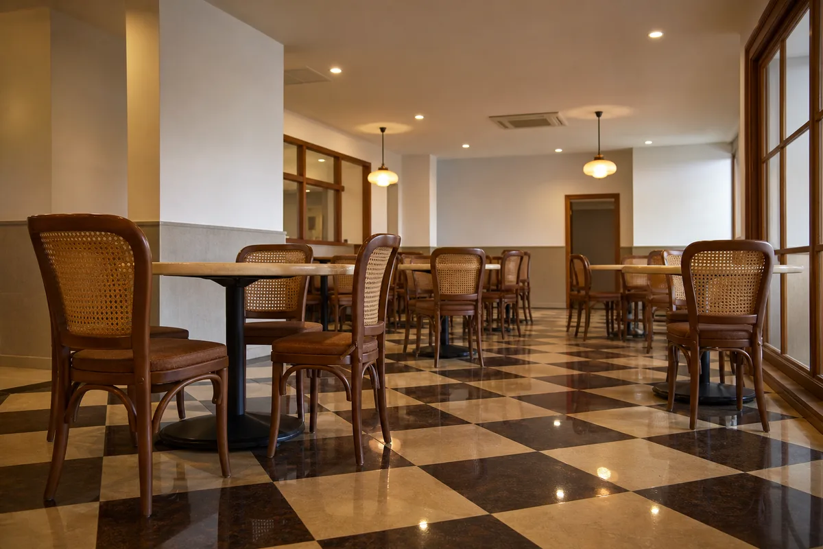 Salle de diner américain vide avec chaises en bois à dossier cannage autour de tables rondes