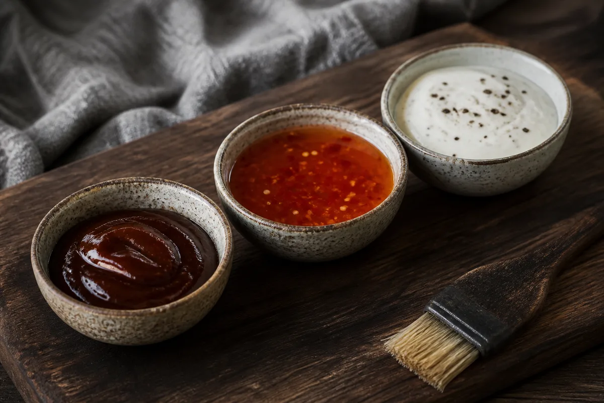Trois bols de sauces barbecue de couleurs différentes posés sur un plan de travail en bois