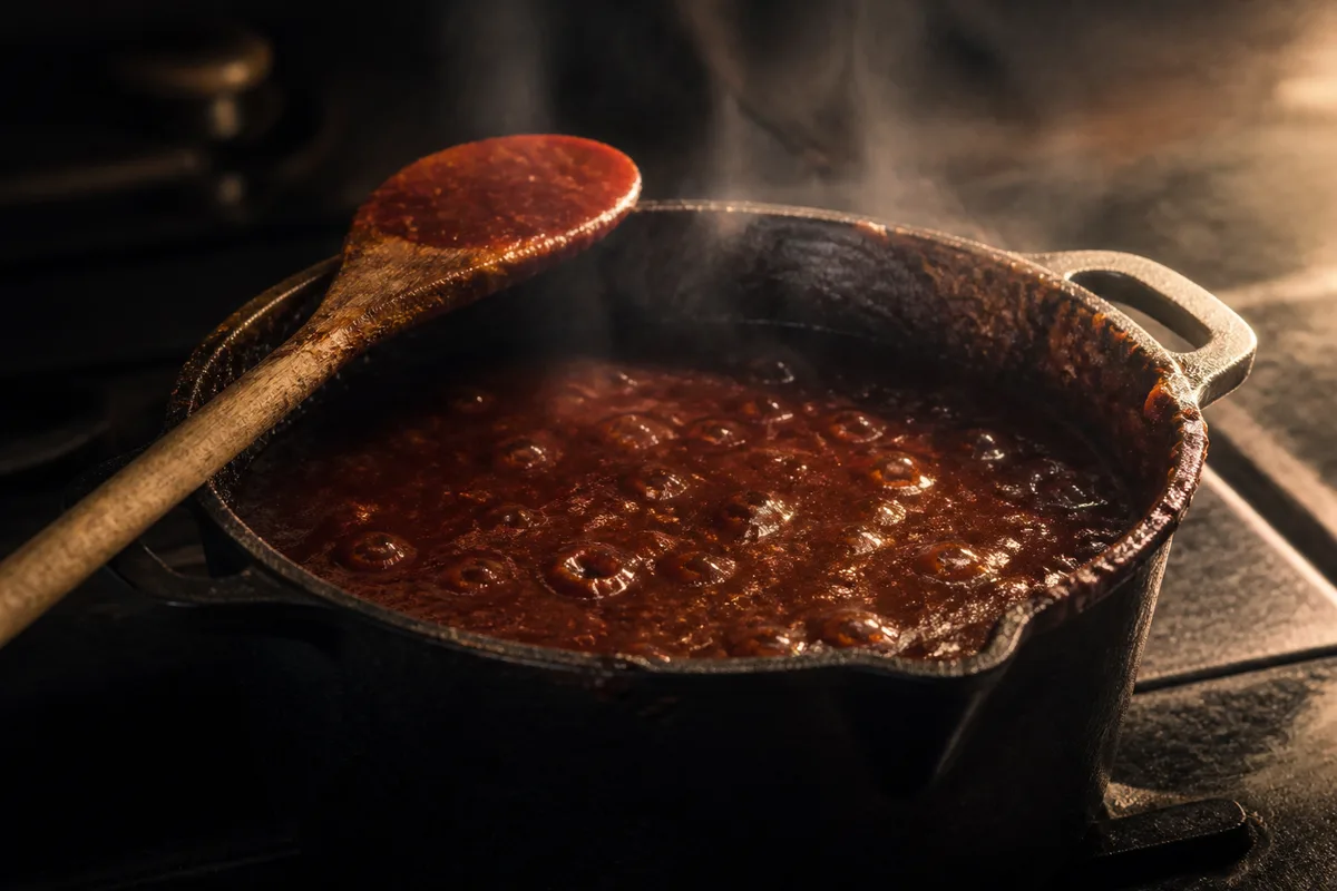 Sauce barbecue en train de réduire à feu doux dans une casserole en fonte, cuillère en bois posée sur le bord