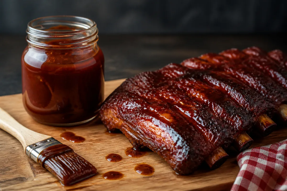 Bocal de sauce barbecue maison refroidissant à côté d’un pinceau de cuisine et de travers de porc