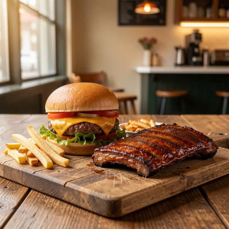 Burger maison double étage avec cheddar fondu et frites, sur une planche en bois façon diner américain